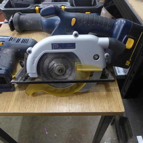 2118 - A Pro Performance drill, circular saw, rips and torch plus a MacAllister drill