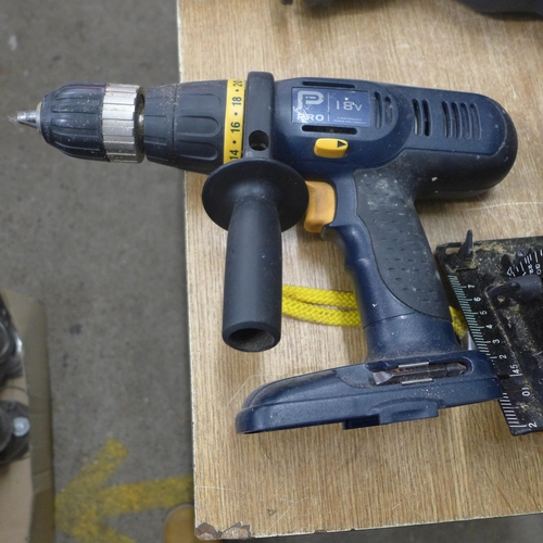 2118 - A Pro Performance drill, circular saw, rips and torch plus a MacAllister drill