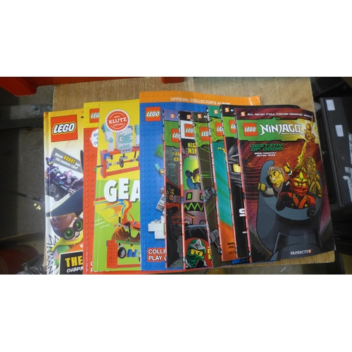 2130 - A box of assorted Lego bricks, Lego related books, mini figures and magazines