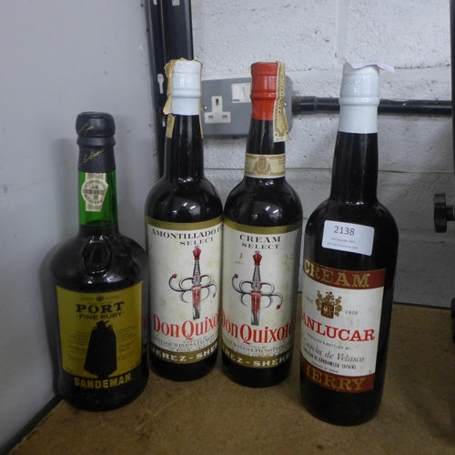 2138 - 4 Bottles of wine and spirits; Sandman Ruby Port, Sanlucar Sherry and two red wines