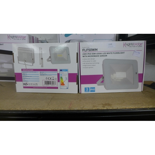 2146 - Two Knightsbridge LED white 50w floodlights with microwave sensor (FLF50WM)