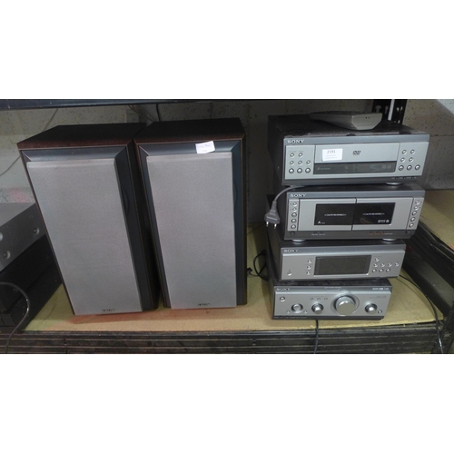 2191 - A Sony stereo system with speakers, 3 DVD changer, double cassette, mini hi-fi component system (MHC... 