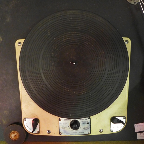 2197 - A Garrard model 301 turntable, Schedule No. 51400/2 with Decca 3-arm, mounted on wooden board