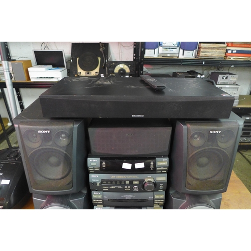 2209 - A Sony stereo with two large speakers (LBT-XB80A) and Cambridge Tu speaker base with bluetooth