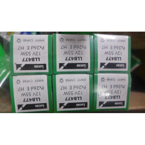 2038A - An assortment of 12v auto bulbs including Lucas, Hella, Ring, We Fit, etc., and an auto bulb shop di... 