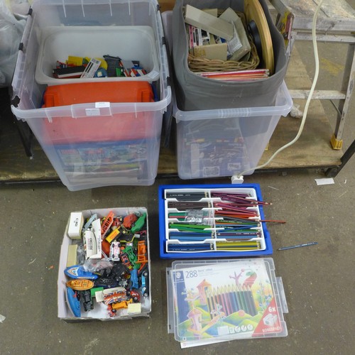 2415 - 2 Boxes of household items including Lego, coloured pencils, a clock, etc.