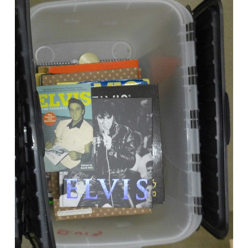 1114 - Elvis Presley hardback and paperback books, a box of memorabilia including mirror, scrap books, maga... 