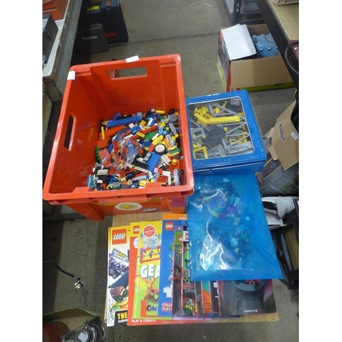 2130 - A box of assorted Lego bricks, Lego related books, mini figures and magazines