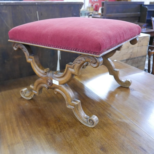 158 - A Victorian carved walnut x-frame stool