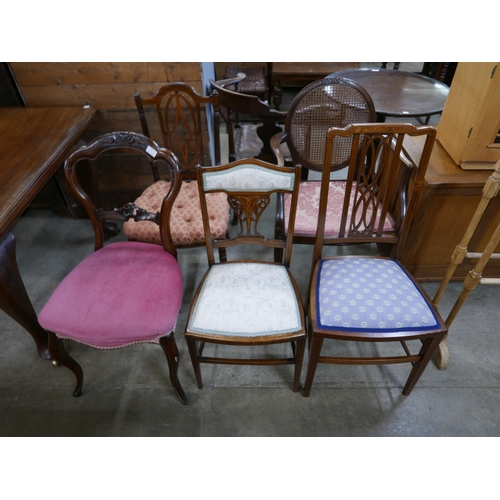 159 - Four Edward VII mahogany dining chairs, another chair and a Victorian pine towel rail