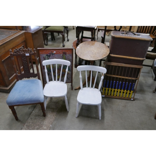 181 - A Victorian elm oval tripod table, two Victorian painted child's chairs, etc. (5)