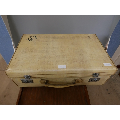 208 - A cream leather suitcase containing CP Walker Staybrite table ware, boxed, other cased cutlery, a Yo... 