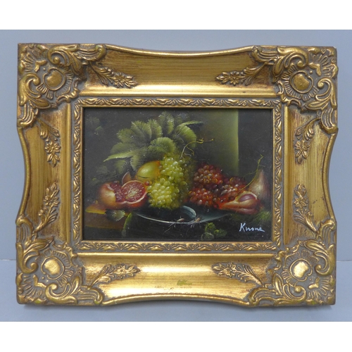 215 - Small still life of fruit, oil on panel, indistinctly signed, framed