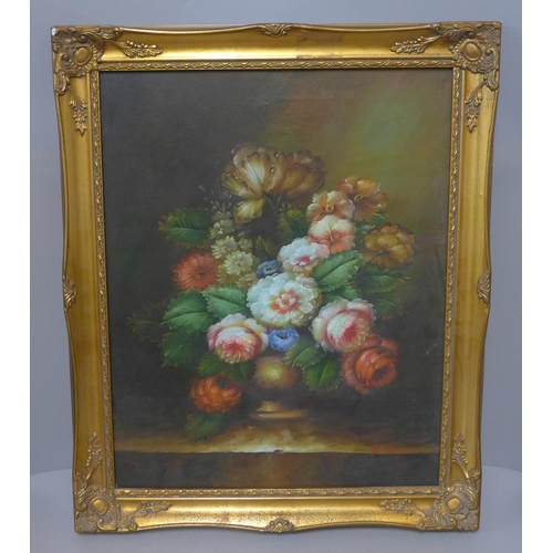 216 - Still life of flowers, oil on canvas, unsigned, framed