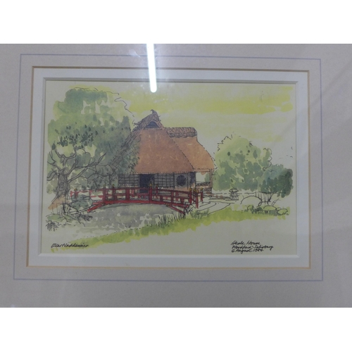 218 - Oscar Naddermeier, The Japanese Teahouse, Heale Gardens, Woodford, Wiltshire, pen, ink and watercolo... 