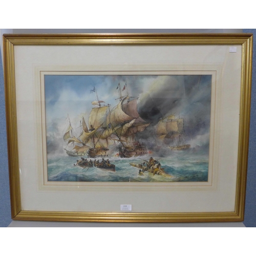 219 - English School, Napoleonic Naval battle scene, watercolour, indistinctly signed, framed