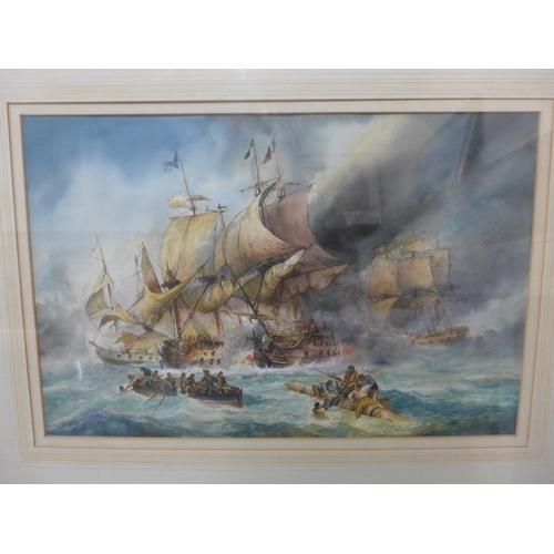 219 - English School, Napoleonic Naval battle scene, watercolour, indistinctly signed, framed