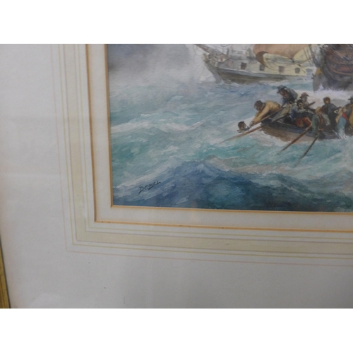 219 - English School, Napoleonic Naval battle scene, watercolour, indistinctly signed, framed