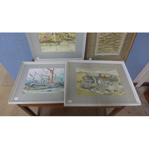 230 - A Chinese silk embroidery and three watercolours