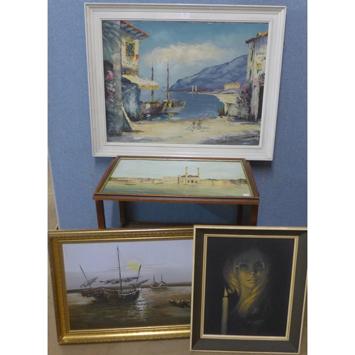 231 - Two oil paintings, two prints and a 1960s print of a lady