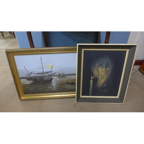 231 - Two oil paintings, two prints and a 1960s print of a lady