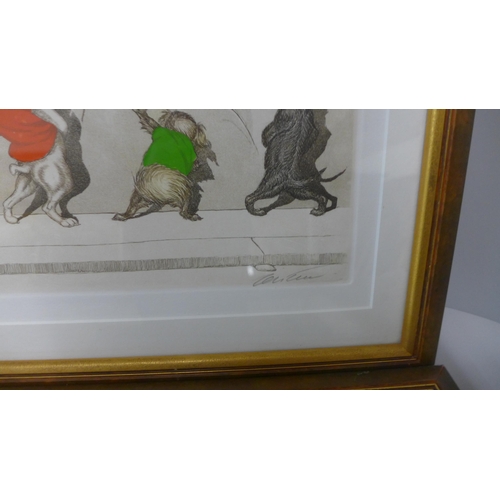 232 - A pair of Brian O'Klein signed humorous dog prints, framed