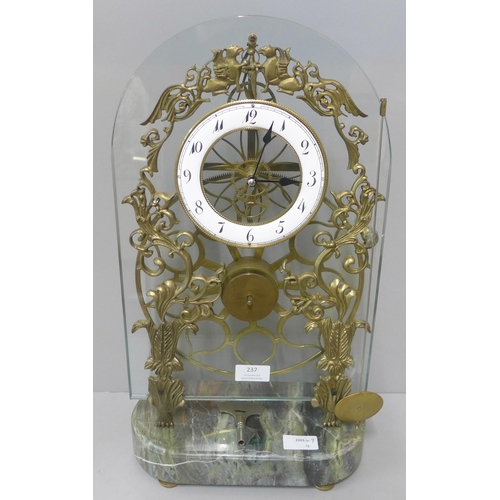 237 - A French Greater Wheel clock, pin-wheel escapement, on a marble base, with key, height 50cm