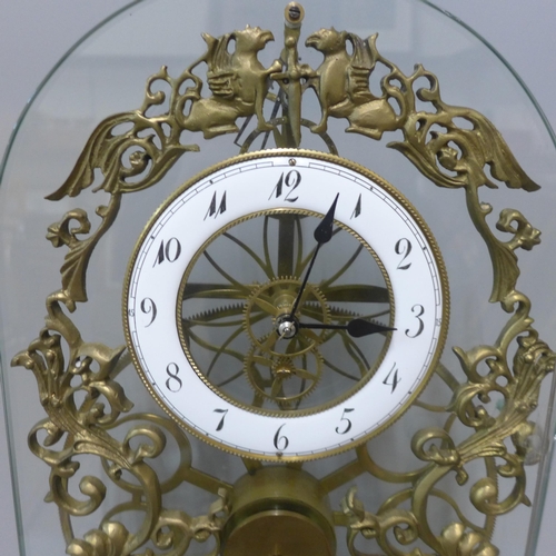 237 - A French Greater Wheel clock, pin-wheel escapement, on a marble base, with key, height 50cm