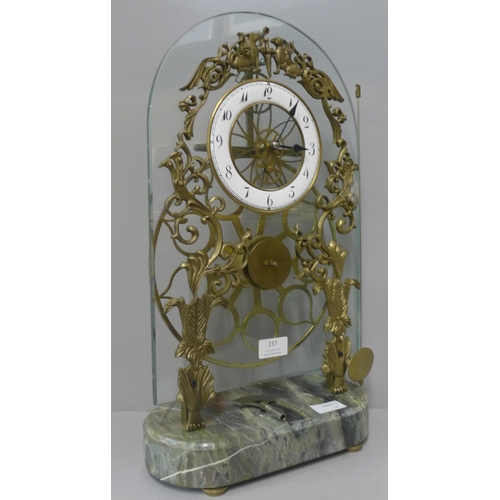 237 - A French Greater Wheel clock, pin-wheel escapement, on a marble base, with key, height 50cm