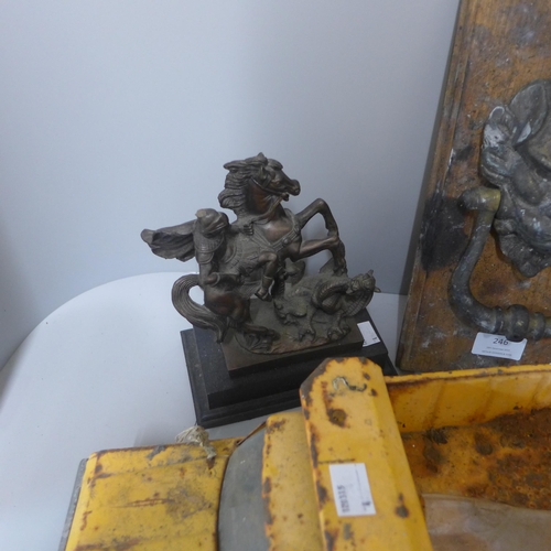 246 - A vintage brass door knocker, Tonka truck, coffee grinder and one other