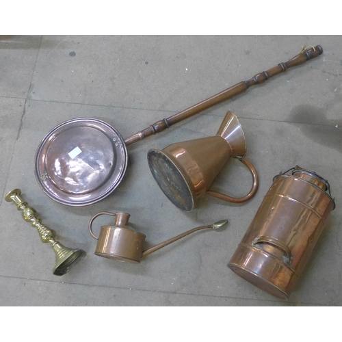 262 - Assorted brass, copper and two stoneware flagons