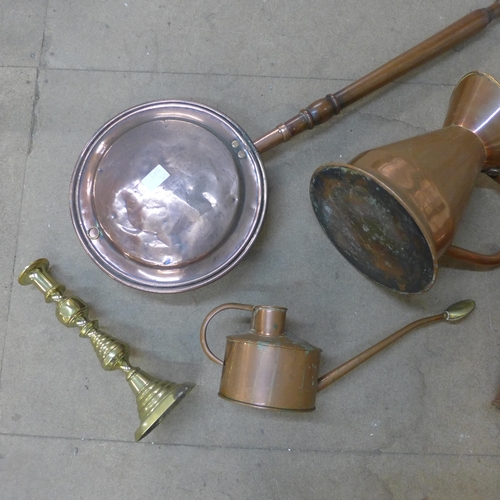 262 - Assorted brass, copper and two stoneware flagons