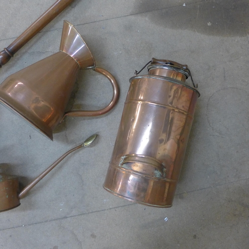 262 - Assorted brass, copper and two stoneware flagons