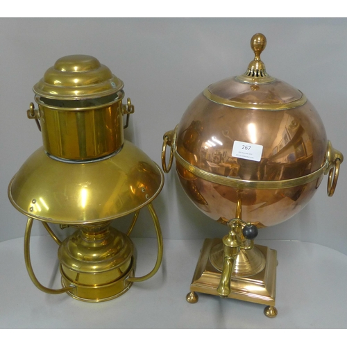 267 - A Victorian copper and brass samovar and a brass hanging lamp