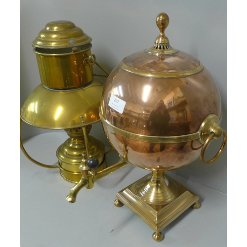 267 - A Victorian copper and brass samovar and a brass hanging lamp