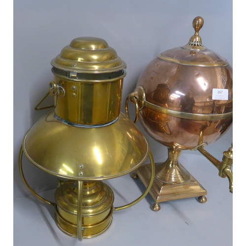 267 - A Victorian copper and brass samovar and a brass hanging lamp