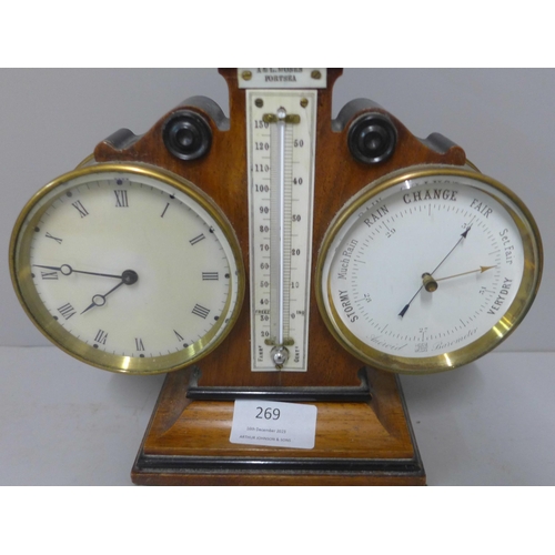 269 - A late Victorian walnut desk clock, barometer and thermometer, made by A&L Moses, Portsea. Sold with... 