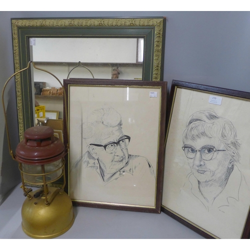 270 - Two pen and ink studies, mirror and a vintage Tilley lamp