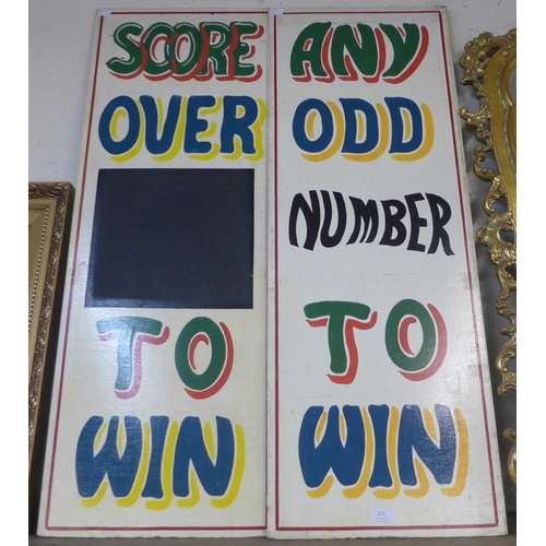 271 - A pair of painted wooden carnival game signs