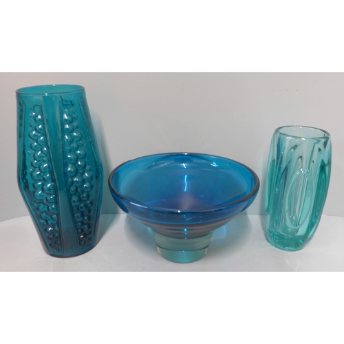 282 - A heavy blue glass dish and two other pieces of blue studio glass