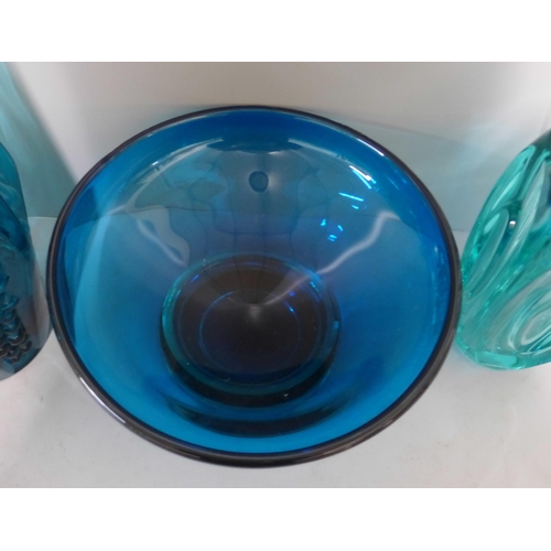 282 - A heavy blue glass dish and two other pieces of blue studio glass