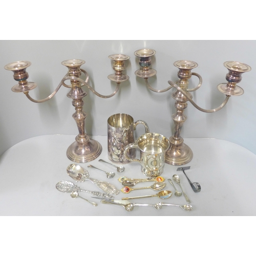 288 - A pair of silver plated candelabra and other silver plate