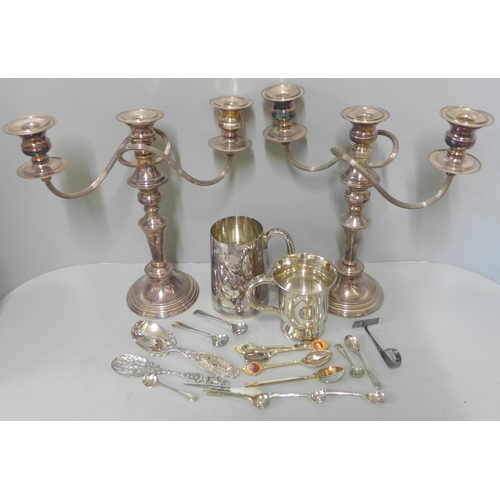 288 - A pair of silver plated candelabra and other silver plate