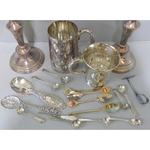 288 - A pair of silver plated candelabra and other silver plate