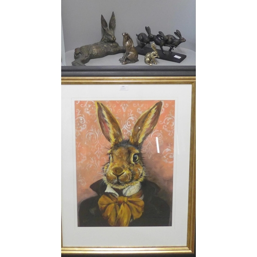 290 - A hare figure group, three models of hares and a picture of a hare, print, framed