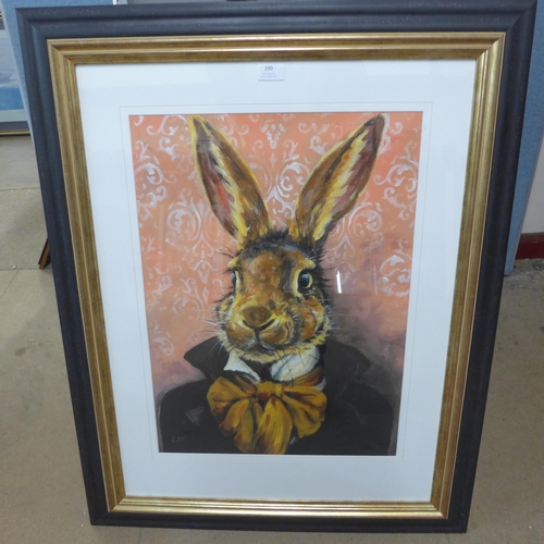 290 - A hare figure group, three models of hares and a picture of a hare, print, framed