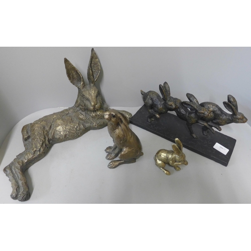 290 - A hare figure group, three models of hares and a picture of a hare, print, framed