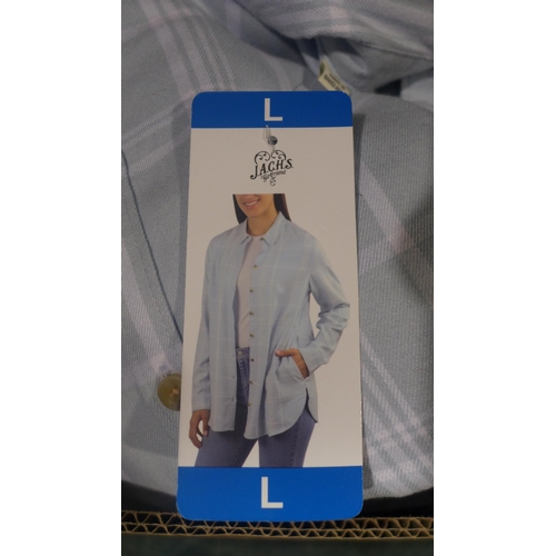 3381 - Large quantity of ladies Jach's light blue checked shirts, mixed sizes *This lot is subject to VAT