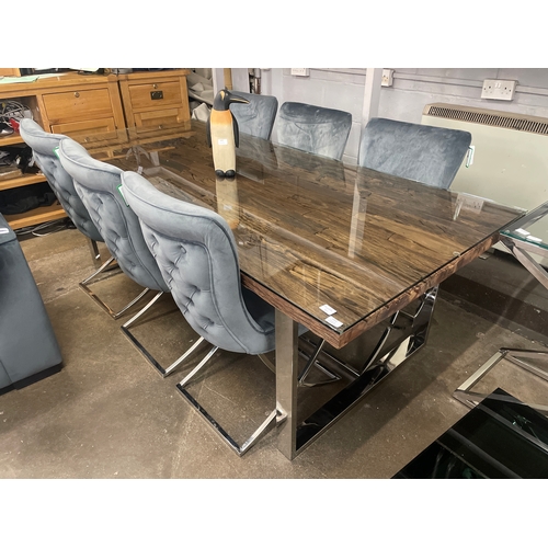 1465 - A railway sleeper dining table and six grey velvet Hugo chairs * this lot is subject to VAT