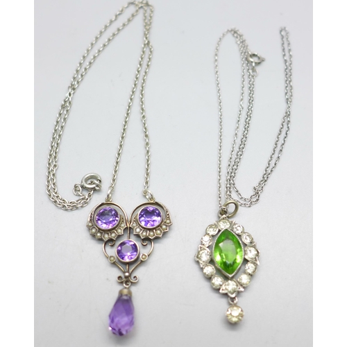 1002 - An Art Nouveau style amethyst set necklace and a silver cluster pendant on chain